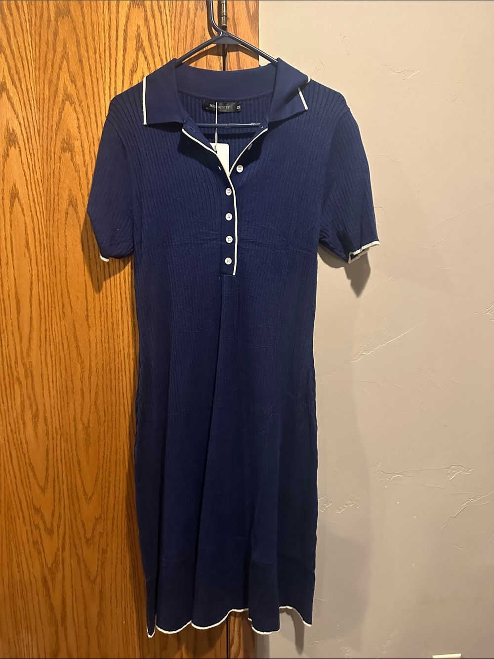 Navy Short-Sleeve Polo Midi Dress with Contrast Trim